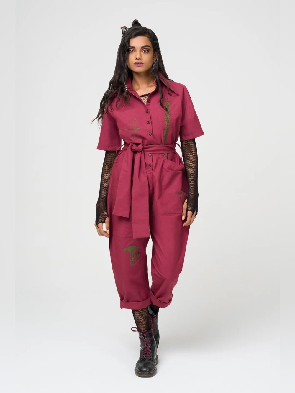 Solai Meadow Embroidered Boilersuit Jumpsuit in Berry Women’s XS